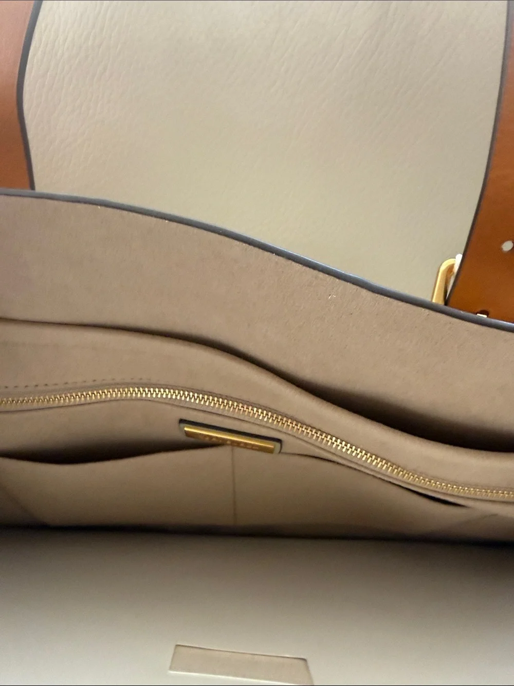 Tory Burch White Canvas Tote with Sage Green Logo Print and Brown Leather Straps